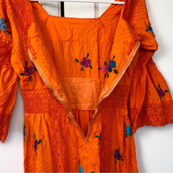 Vintage Boho Embroidered Floral Orange Maxi Dress Bell Sleeves Small - Picture 7 of 16